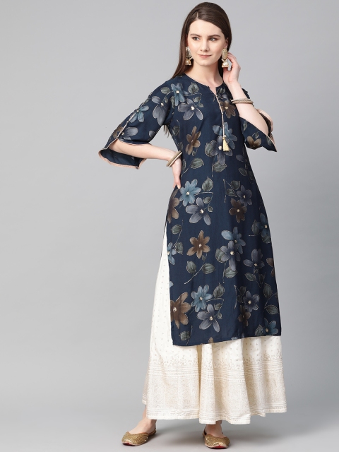 

Shree Women Navy Blue & Brown Floral Print Straight Kurta