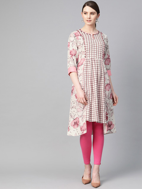 

Shree Women Off-White & Pink Floral Printed A-Line Kurta