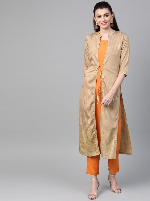

Shree Women Beige & Mustard Brown Printed Layered Kurta with Trousers