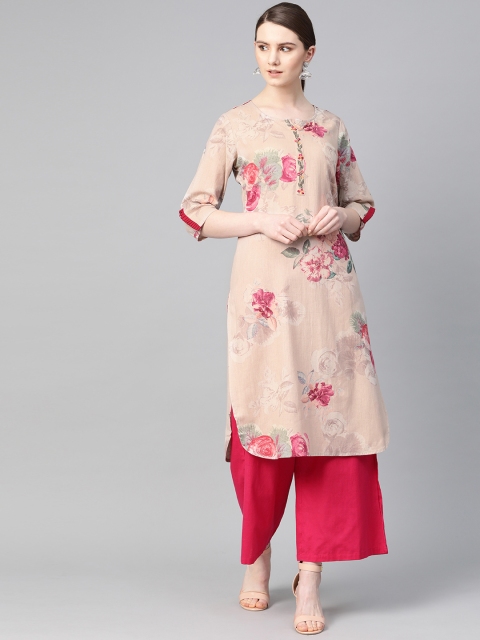 

Shree Women Peach-Coloured & Pink Floral Printed Straight Kurta