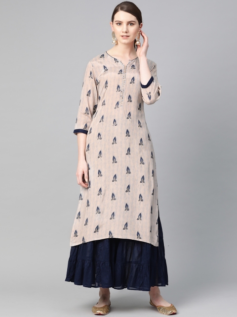

Shree Women Peach-Coloured & Navy Blue Printed Straight Kurta