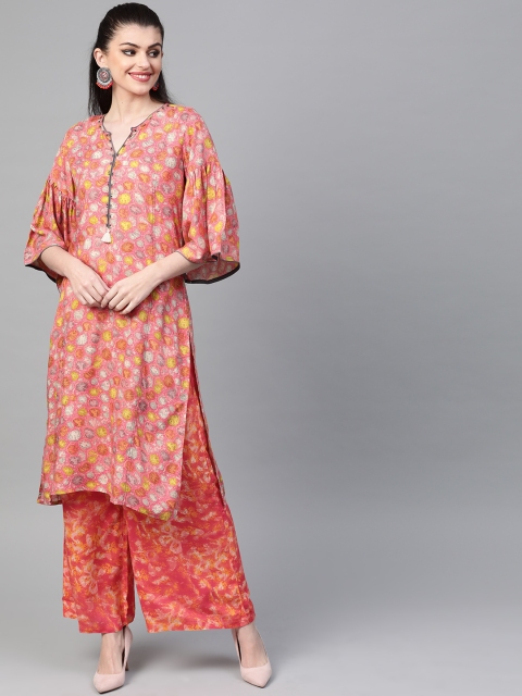 

Shree Women Pink & Mustard Yellow Printed Kurta with Palazzos