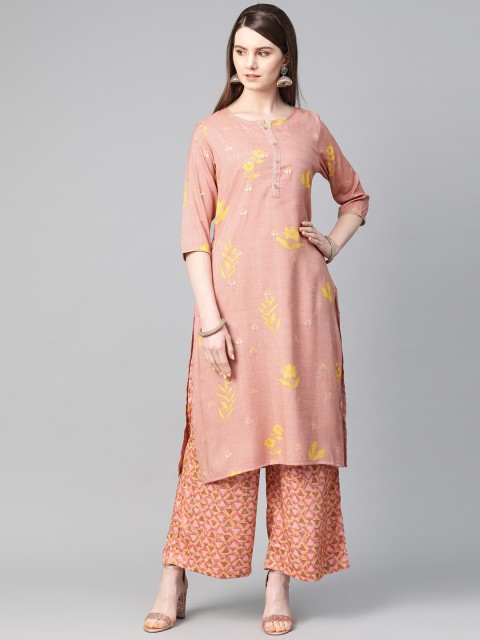 

Shree Women Pink & Mustard Yellow Printed Kurta with Palazzos