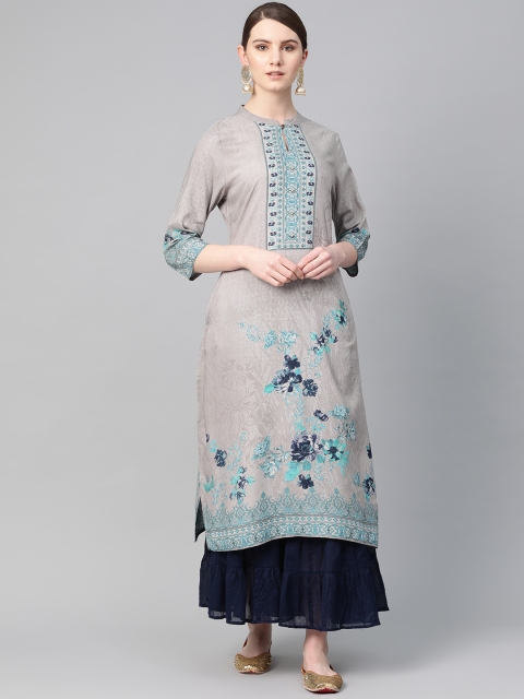 

Shree Women Grey & Blue Floral Print Straight Kurta