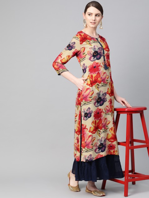 

Shree Women Beige & Red Floral Printed Straight Kurta