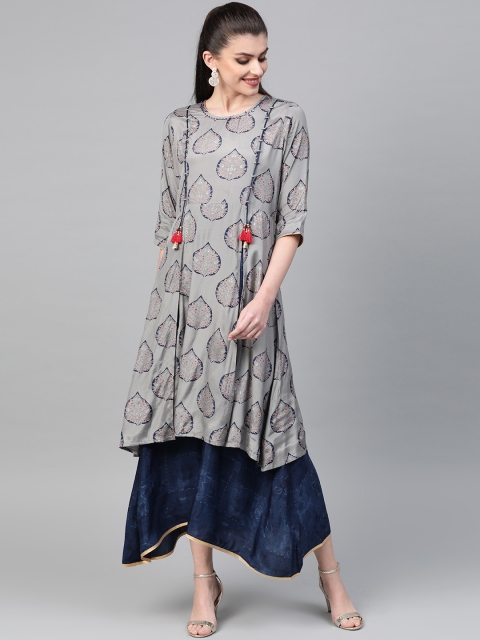 

Shree Women Grey & Navy Blue Printed Layered Maxi Dress