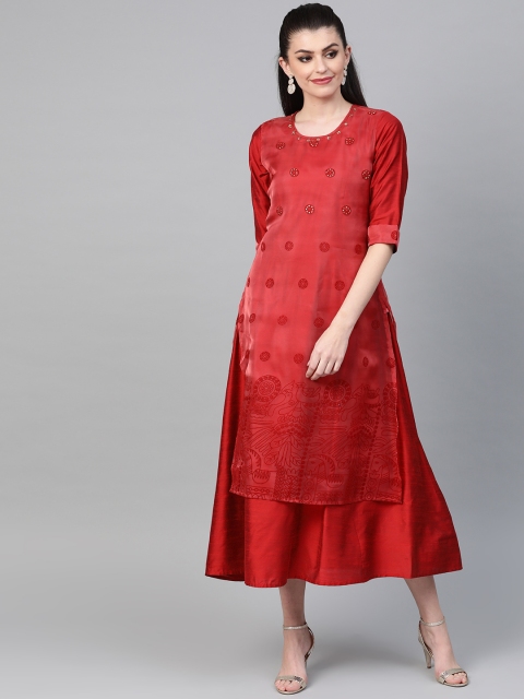 

Shree Women Maroon Self-Design Layered Maxi Dress
