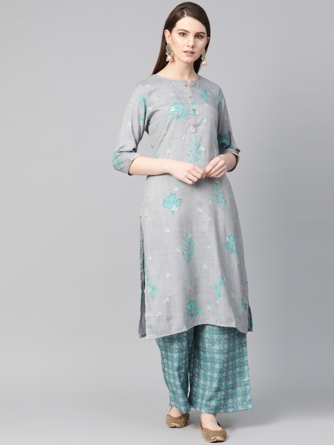 

Shree Women Grey & Green Printed Kurta with Palazzos