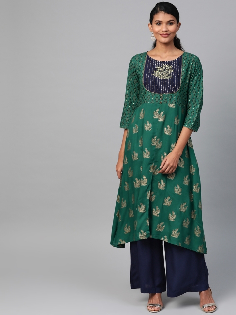 

Shree Women Green & Navy Blue Printed Kurta with Palazzos