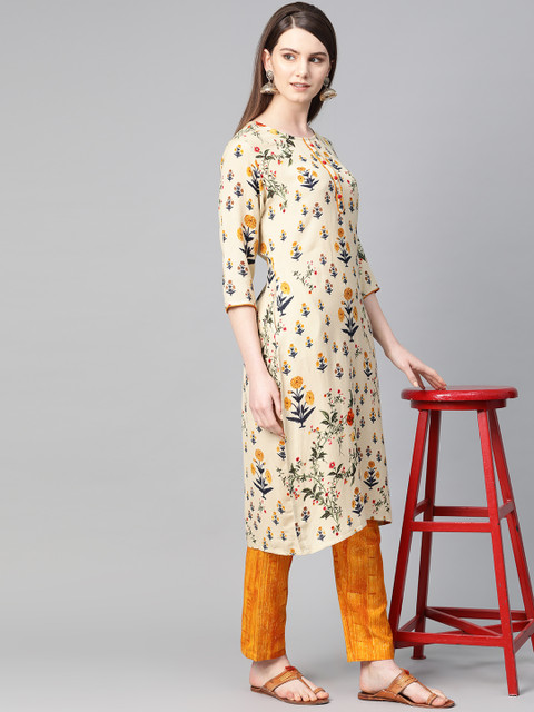 

Shree Women Beige & Mustard Yellow Printed Kurta with Trousers