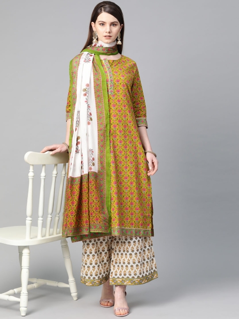 

Shree Women Green & Cream-Coloured Printed Kurta with Palazzos & Dupatta