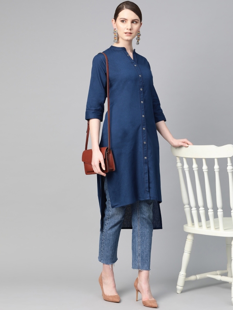 

Shree Women Navy Blue Solid Straight High-Low Kurta