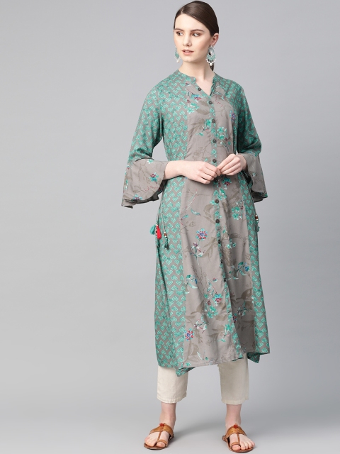 

Shree Women Grey & Green Printed A-Line Kurta
