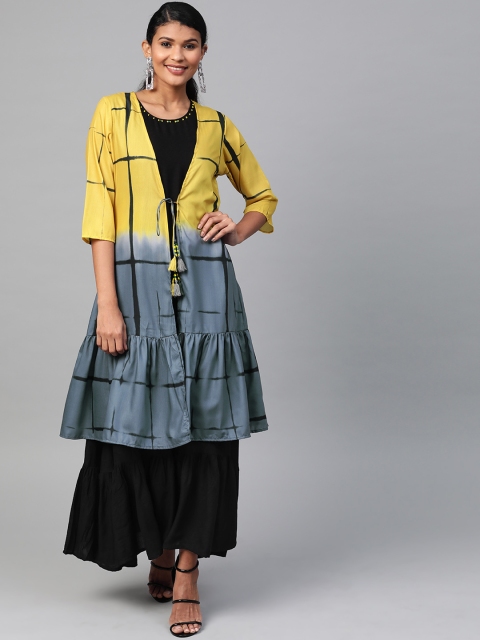 

Shree Women Black Solid Layered Maxi Dress With Ethnic Jacket