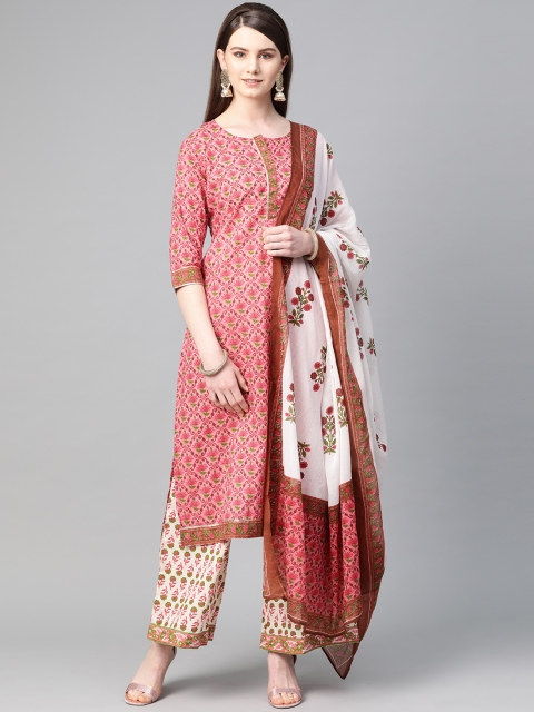 

Shree Women Pink & Cream-Coloured Printed Kurta with Palazzos & Dupatta