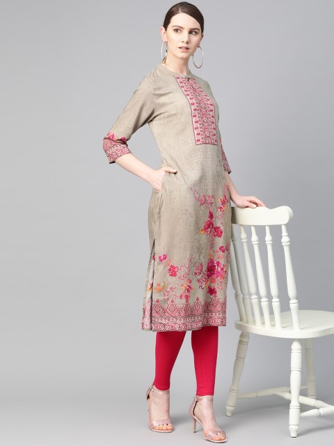 

Shree Women Beige & Pink Floral Printed Straight Kurta