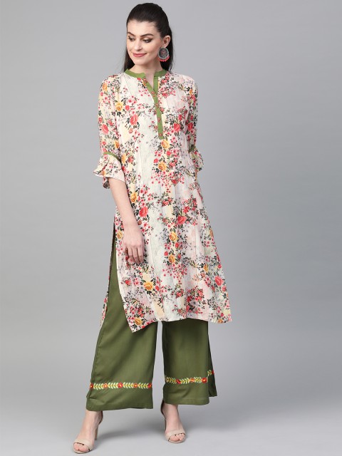 

Shree Women Off-White & Olive Green Printed Kurta with Palazzos