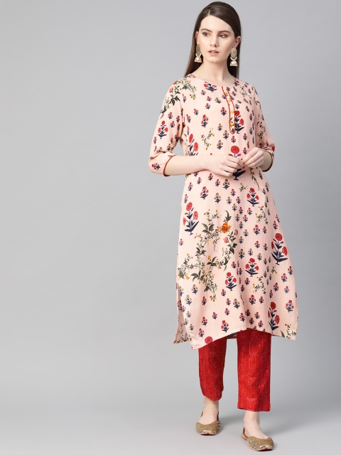 

Shree Women Peach-Coloured & Red Printed Kurta with Trousers