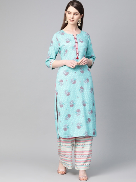 

Shree Women Blue & Off-White Printed Kurta with Palazzos