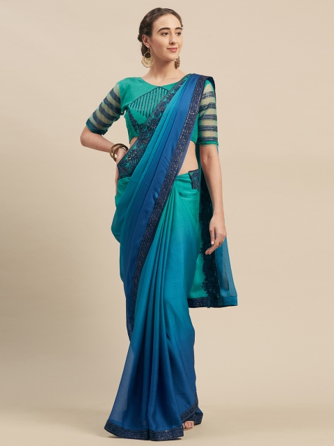 

Mitera Turquoise Blue Colourblocked Poly Georgette Saree