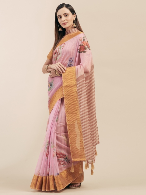 

Mitera Pink Printed Linen Blend Saree