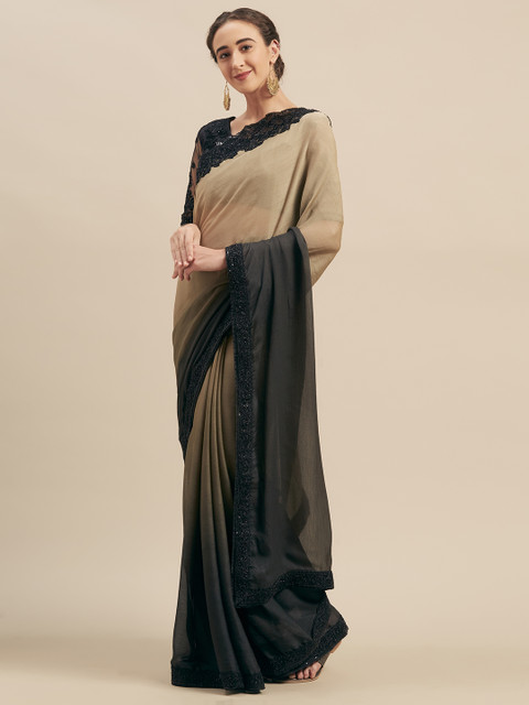 

Mitera Olive Brown & Black Poly Georgette Solid Saree