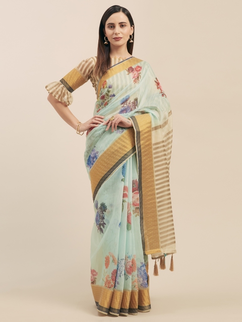 

Mitera Turquoise Blue & Red Linen Blend Printed Saree