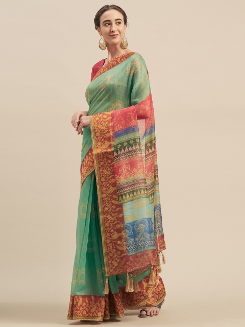

Mitera Sea Green & Red Linen Blend Printed Saree
