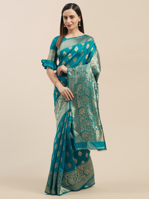 

Mitera Turquoise Blue & Gold-Toned Silk Blend Woven Design Kanjeevaram Saree