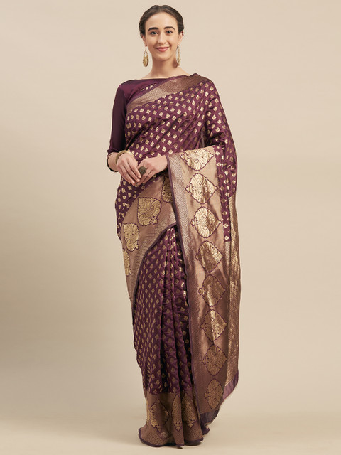 

Mitera Burgundy & Gold-Coloured Silk Blend Woven Design Kanjeevaram Saree