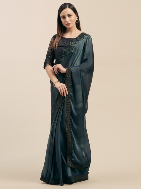 

Mitera Teal Blue Embroidered Poly Georgette Saree