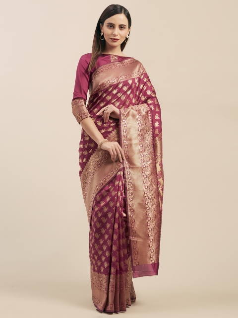 

Mitera Magenta & Gold-Toned Silk Blend Woven Design Kanjeevaram Saree