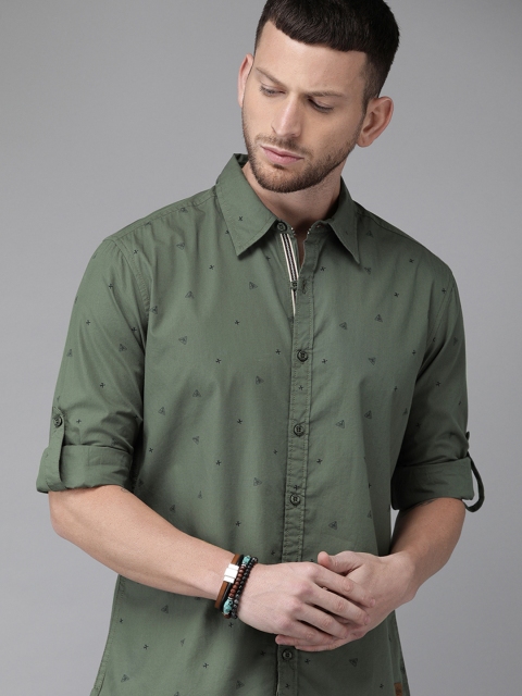 

Roadster Men Olive Green & Black Regular Fit Printed Casual Shirt