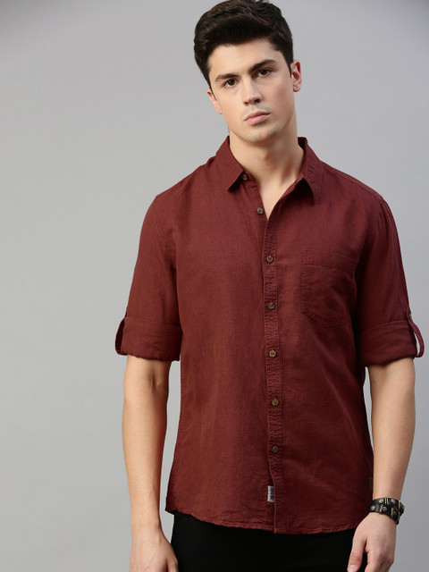 

Roadster Men Maroon Regular Fit Solid Casual Linen-Cotton Shirt