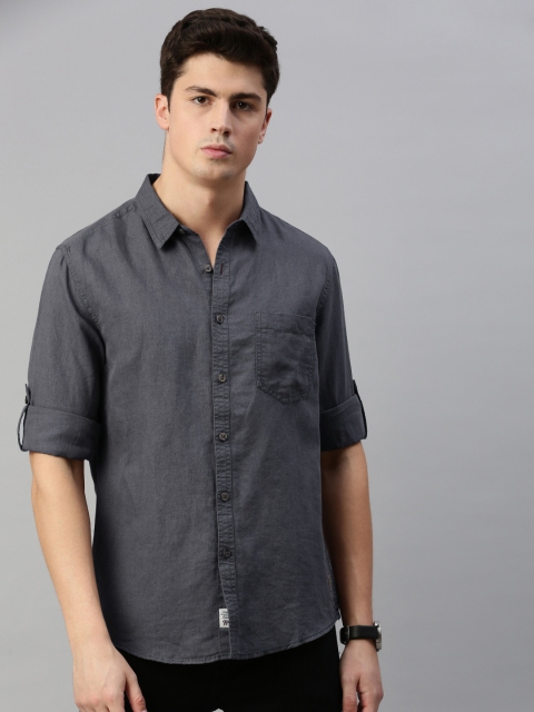 

Roadster Men Charcoal Grey Regular Fit Solid Casual Linen-Cotton Shirt