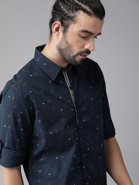 

Roadster Men Navy Blue & Red Regular Fit Printed Casual Shirt