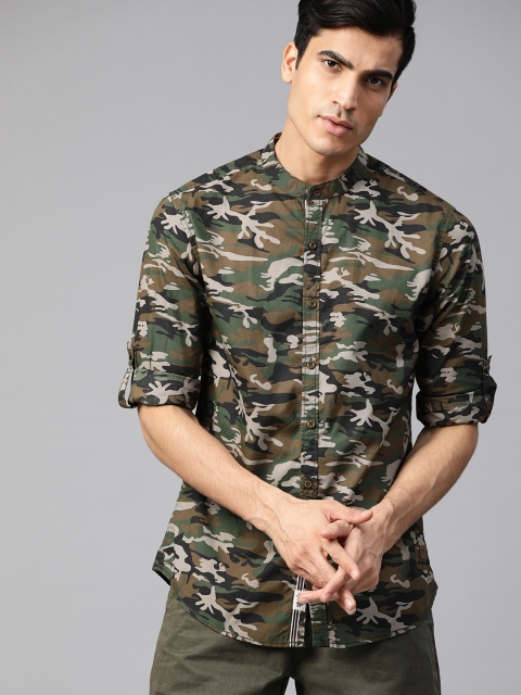 

Roadster Men Olive Green & Brown Camouflage Print Casual Shirt