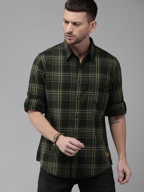 

Roadster Men Olive Green & Yellow Checked Regular Fit Casual Shirt