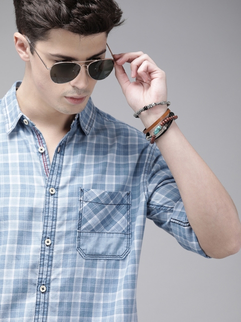 Men Blue Regular Fit Checked Sustainable Casual Shirt
