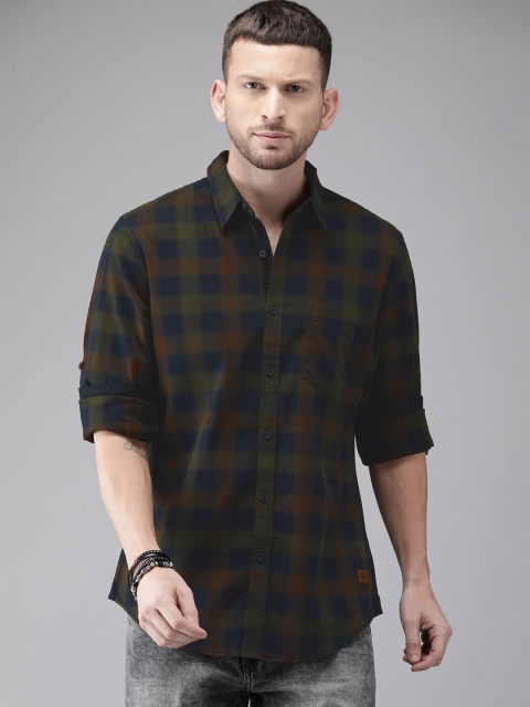 

Roadster Men Olive Green Regular Fit Checked Casual Shirt