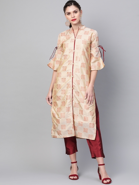 

Chhabra 555 Women Beige & Maroon Made-to-Measure Printed Kurta with Trouser