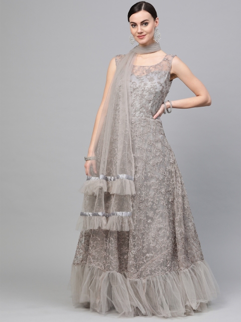 

Chhabra 555 Grey & Golden Resham Embroidered Made to Measure Cocktail Gown with Stole