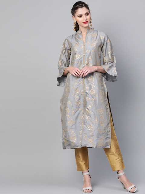 

Chhabra 555 Grey & Golden Foil Print Made-to-Measure Kurta with Trousers