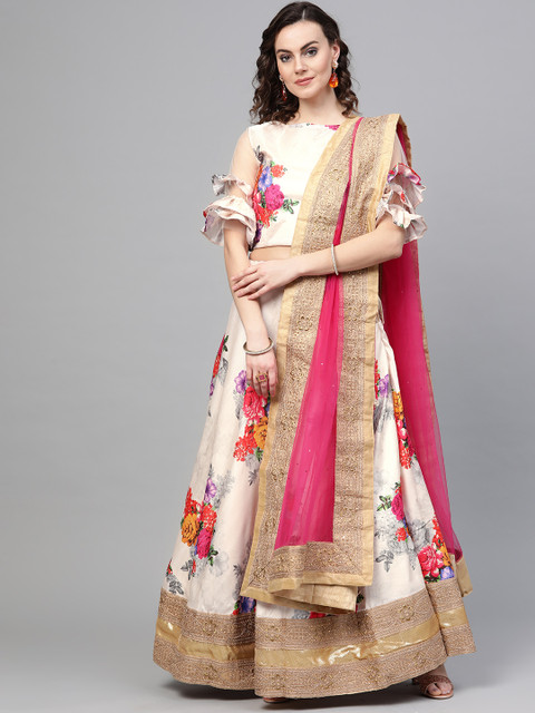 

Chhabra 555 Cream-Coloured & Pink Block Print Zari Semi-Stitched Lehenga Choli & Dupatta