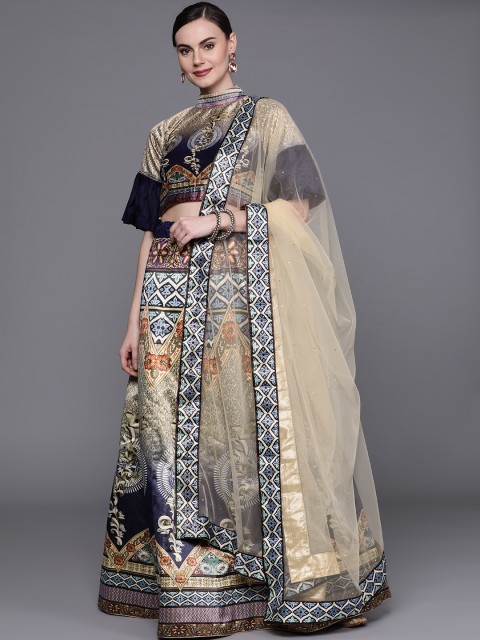 

Chhabra 555 Navy Blue & Beige Printed Semi-Stitched Lehenga & Unstitched Blouse with Dupatta