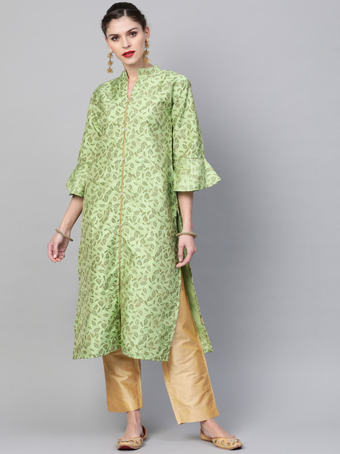 

Chhabra 555 Women Green & Golden Made-To-Measure Printed Kurta with Trousers