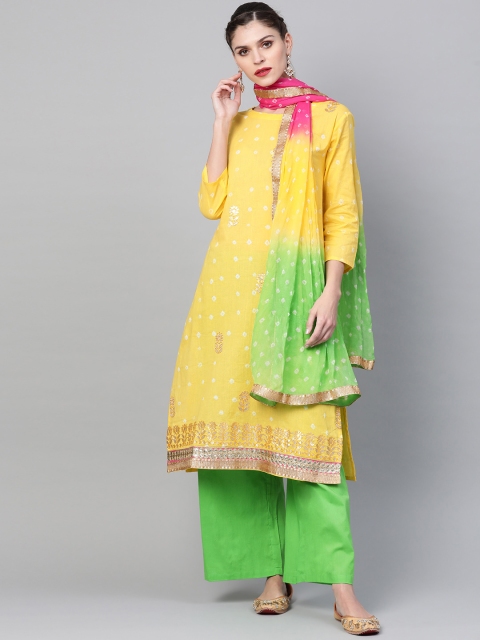 

Chhabra 555 Women Yellow & Green Made to Measure Bandhani Print Kurta Set
