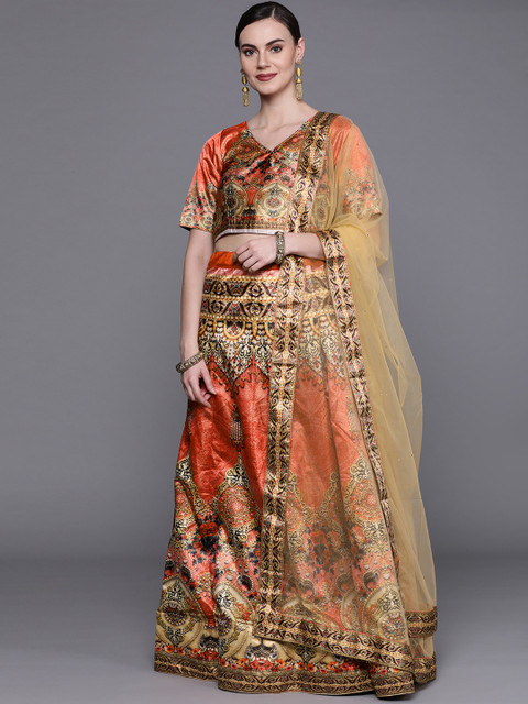 

Chhabra 555 Orange & Beige Printed Semi-Stitched Lehenga & Unstitched Blouse with Dupatta