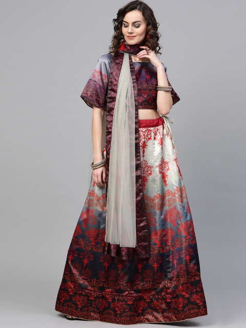 

Chhabra 555 Navy Blue & Orange Block Print Satin Semi-Stitched Lehenga Choli with Dupatta