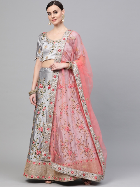 

Chhabra 555 Grey & Peach-Coloured Zari & Resham Embroidered Semi-Stitched Lehenga Set